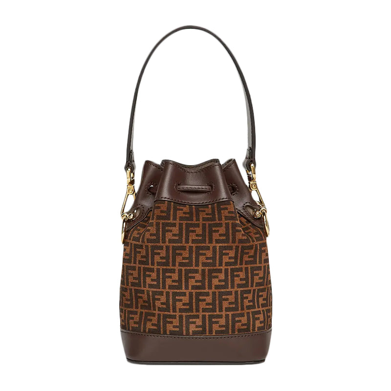 Fendi Mini Mon Tresor Zucca FF Crossbody Bucket Bag with Strap Brown and Black