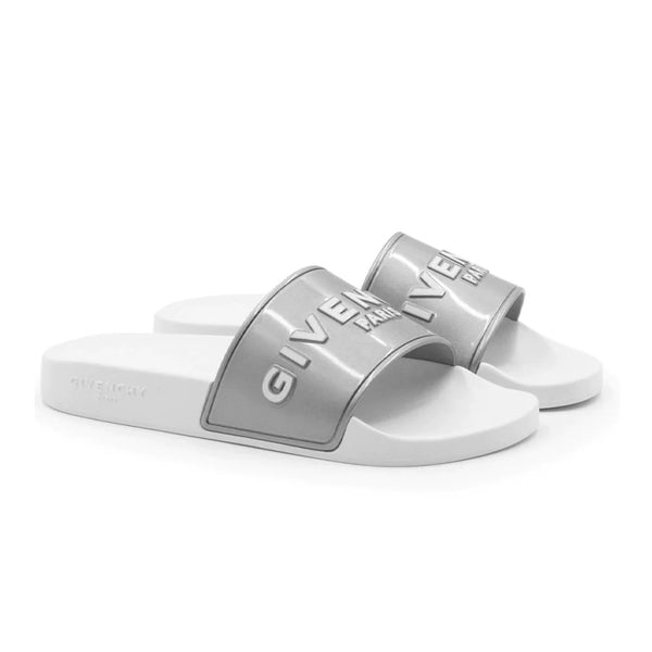 Givenchy Women's Metallic Logo Pool Slide Sandals White
