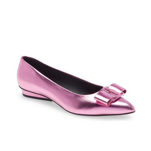 Salvatore Ferragamo Women's Viva Bow Metallic Pointed Toe Leather Flat in Pink