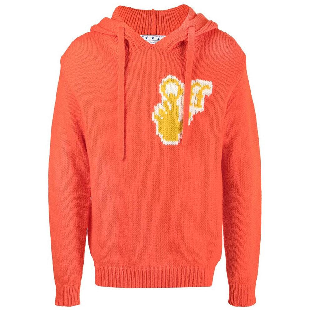 Off-White Men's Intarsia Knit Wool Chunky Hoodie Sweatshirt Orange