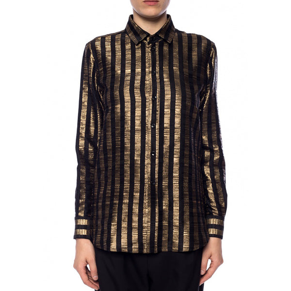 Saint Laurent Women's Silk Striped Dress Shirt Black Gold