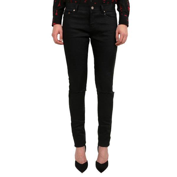 Saint Laurent Women's Coated Skinny Ripped Denim Jeans Black