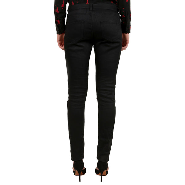 Saint Laurent Women's Coated Skinny Ripped Denim Jeans Black