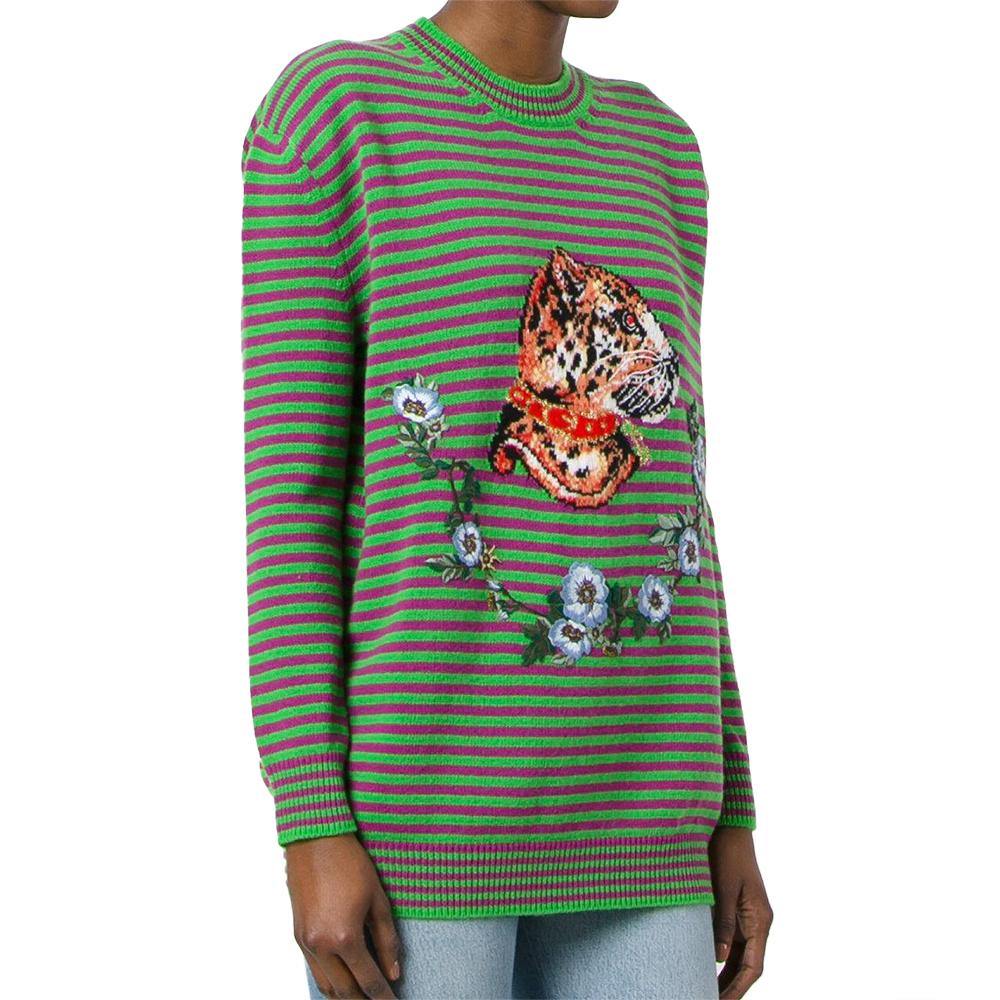 Gucci Women's Wool Striped Leopard Head Sweater Green – Year Zero LA