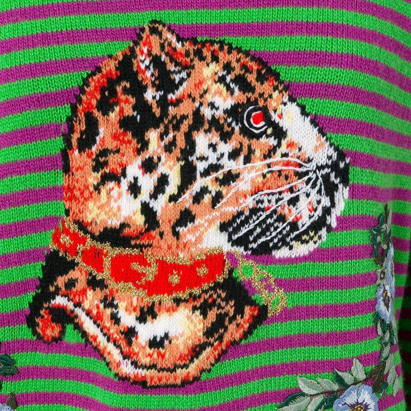 Gucci Women's Wool Striped Leopard Head Sweater Green - Year Zero LA