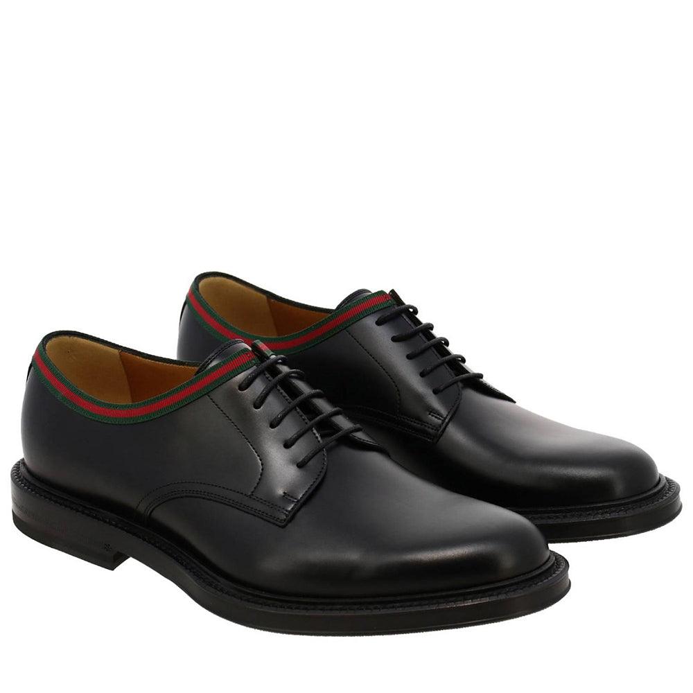 Gucci Men's Web Leather Derby Dress Shoes Black
