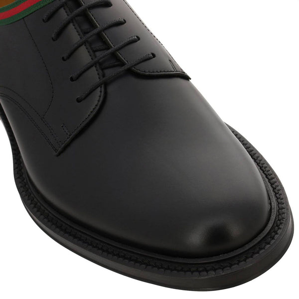 Gucci Men's Web Leather Derby Dress Shoes Black