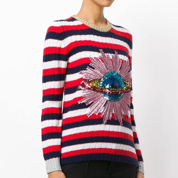 Gucci Women's Wool Sequin Patch Planet UFO Striped Sweater Red Blue - Year Zero LA