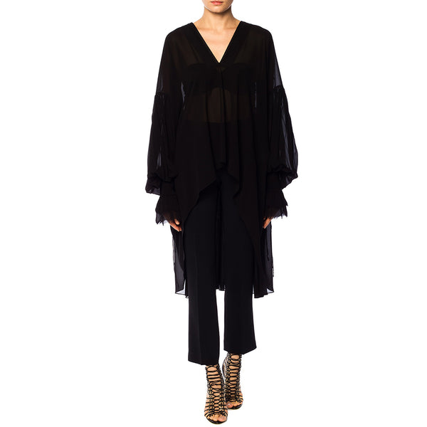 Saint Laurent Women's Silk Ruffled V-Neck Dress Top Black