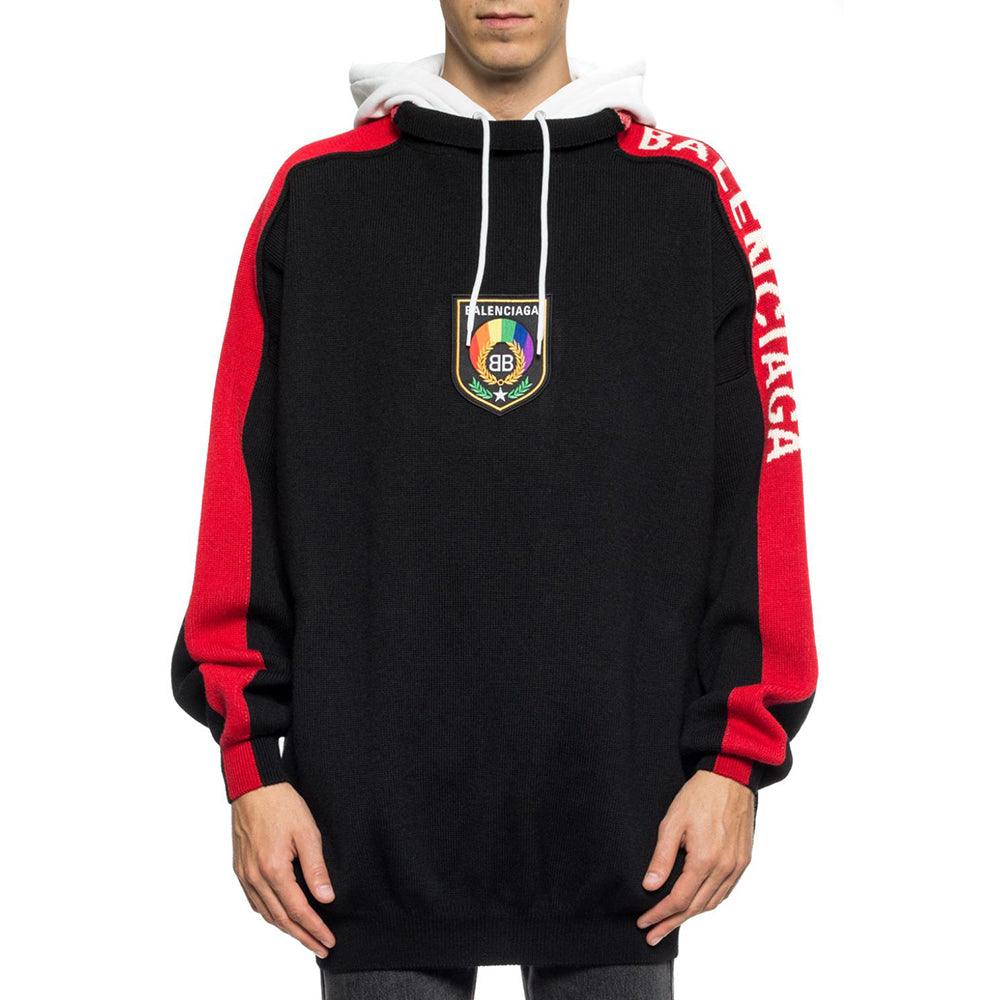 Balenciaga Men's Wool BB Crest Logo Hooded Sweatshirt Hoodie Black Red