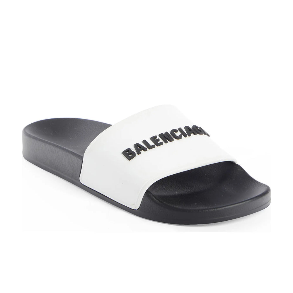 Balenciaga Black/White Rubber All Over Logo Pool Slides Size 44 Balenciaga