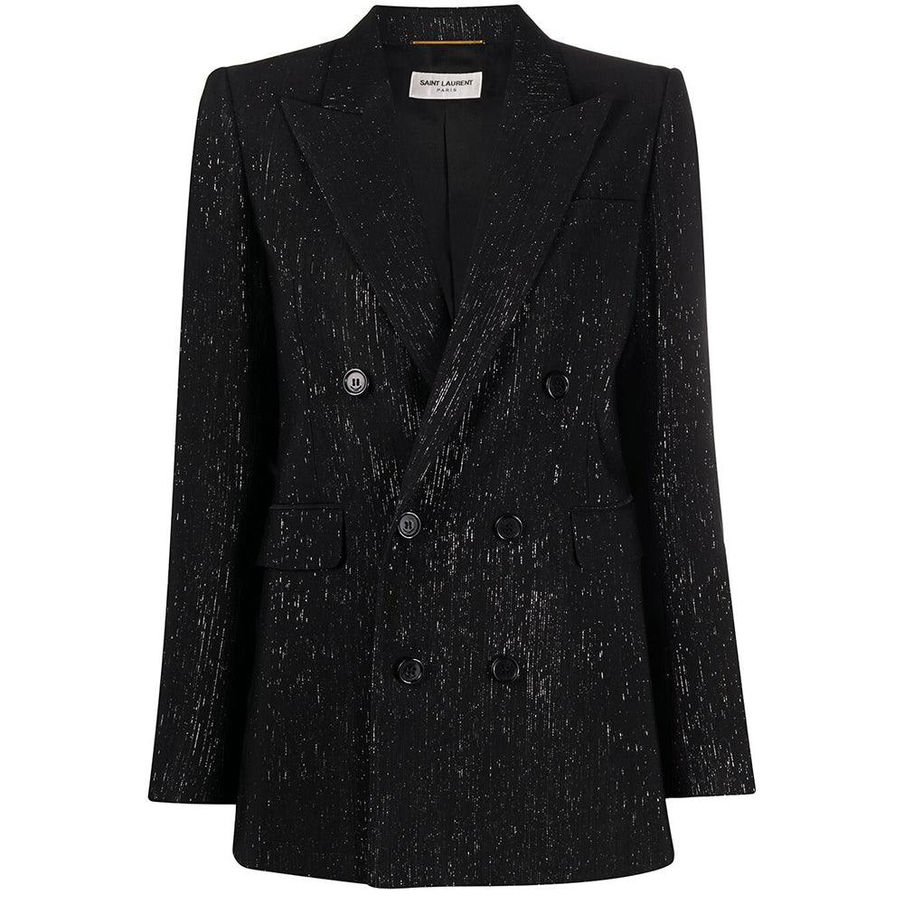 Saint Laurent Women's Lamé Metallized Fiber Blazer Black Silver