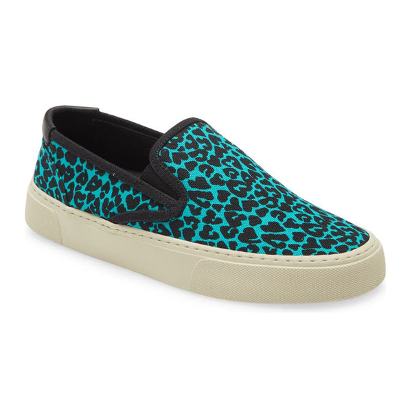 Saint Laurent Men's Cotton Leather Leopard Slip-on Sneakers Blue