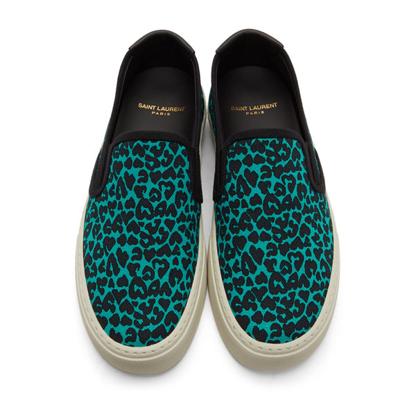 Saint Laurent Men's Cotton Leather Leopard Slip-on Sneakers Blue
