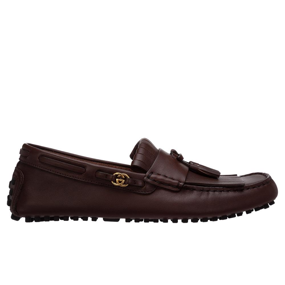 Gucci Men's Interlocking GG Fringe Leather Loafer Mocassin Brown