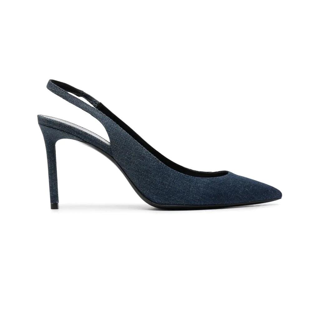 Saint Laurent Zapatos de tacón con tira trasera en denim Anja 85 de mujer de color azul