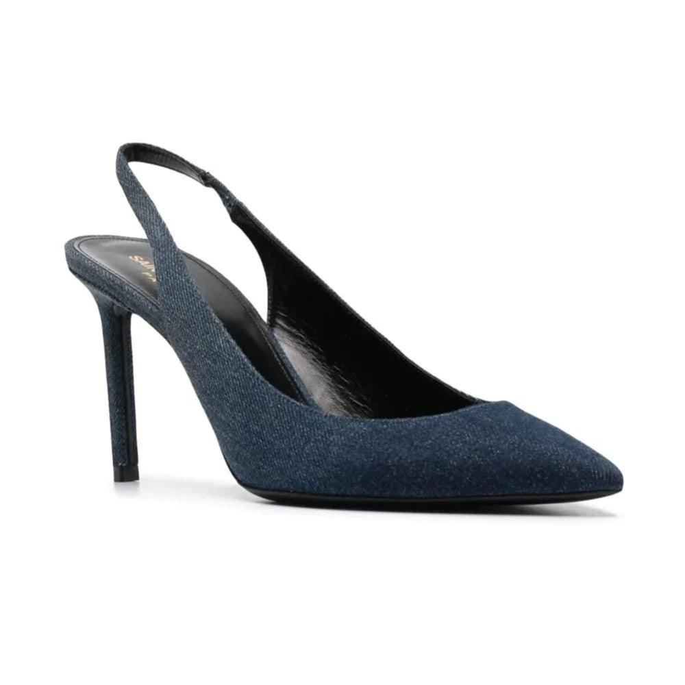 Saint Laurent Zapatos de tacón con tira trasera en denim Anja 85 de mujer de color azul