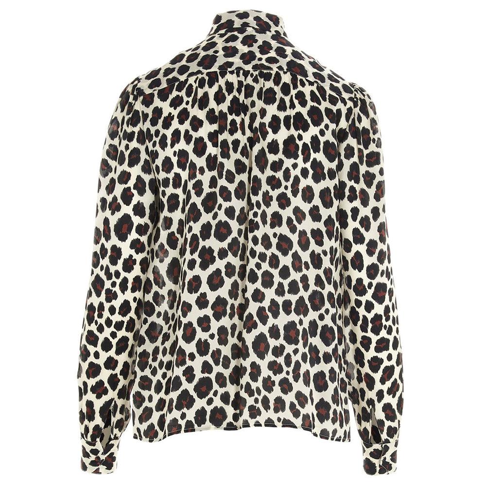 Saint Laurent Women's Leopard Print Silk Blouse Shirt Cream
