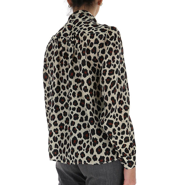 Saint Laurent Women's Leopard Print Silk Blouse Shirt Cream