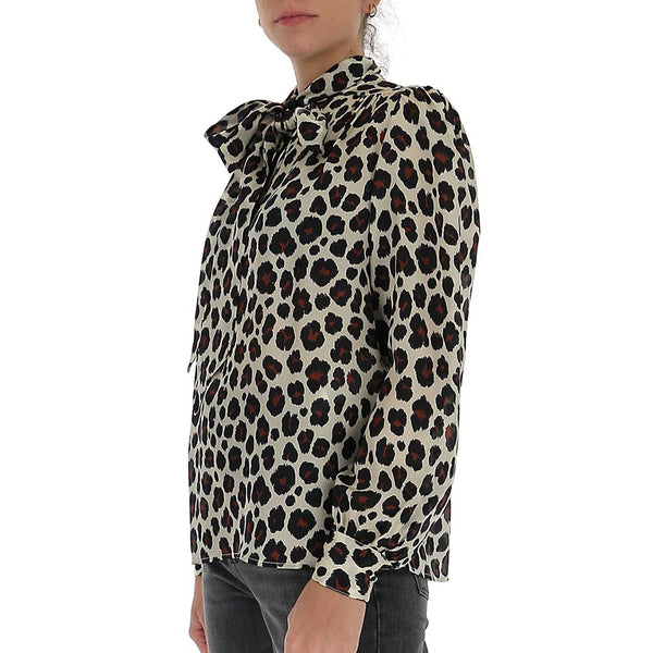 Saint Laurent Women's Leopard Print Silk Blouse Shirt Cream