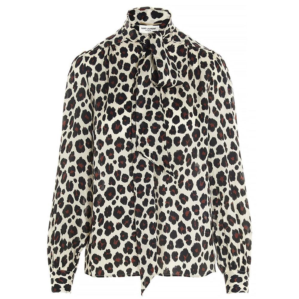Saint Laurent Women's Leopard Print Silk Blouse Shirt Cream