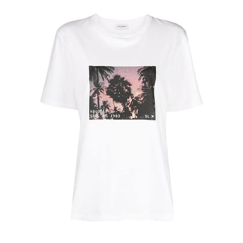 Saint Laurent Women's Printed Palm Tree Cotton T-Shirt White - Year Zero LA