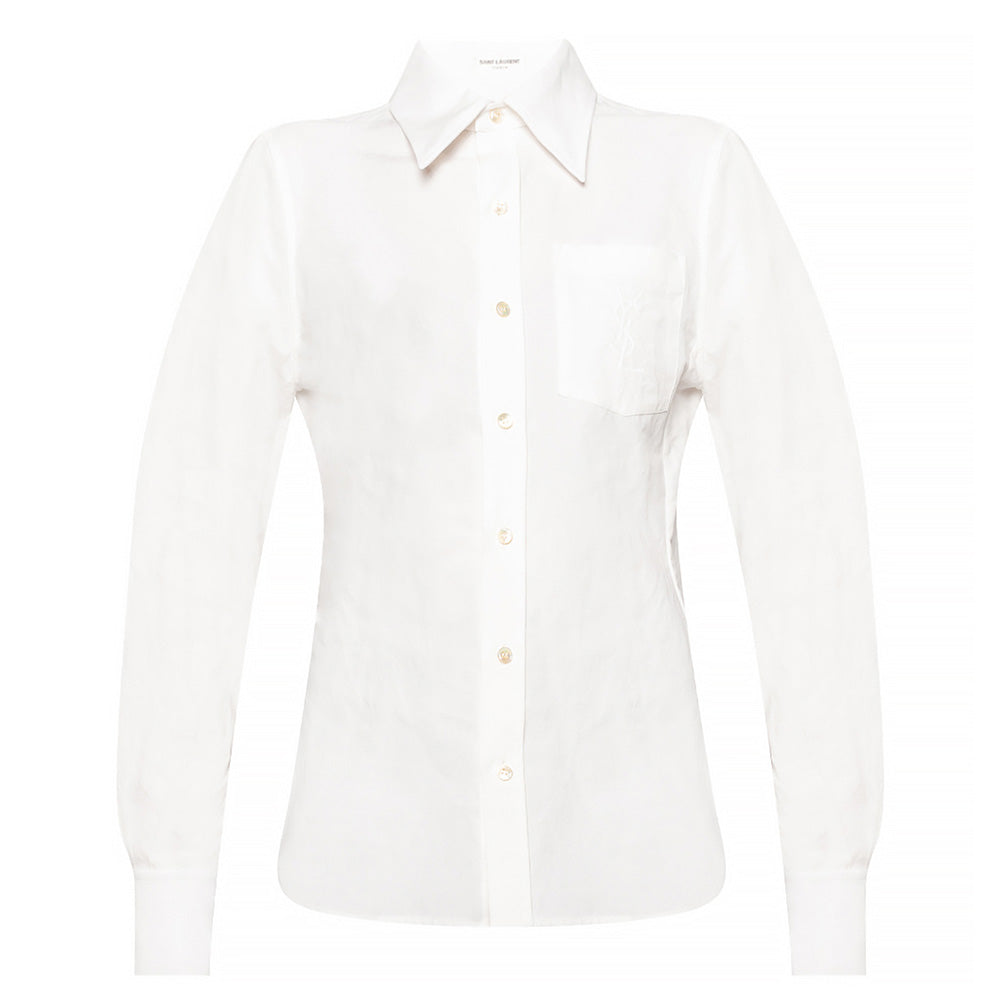 Saint Laurent Women's Cotton Linen Blend Boyfriend Dress Shirt in Cream