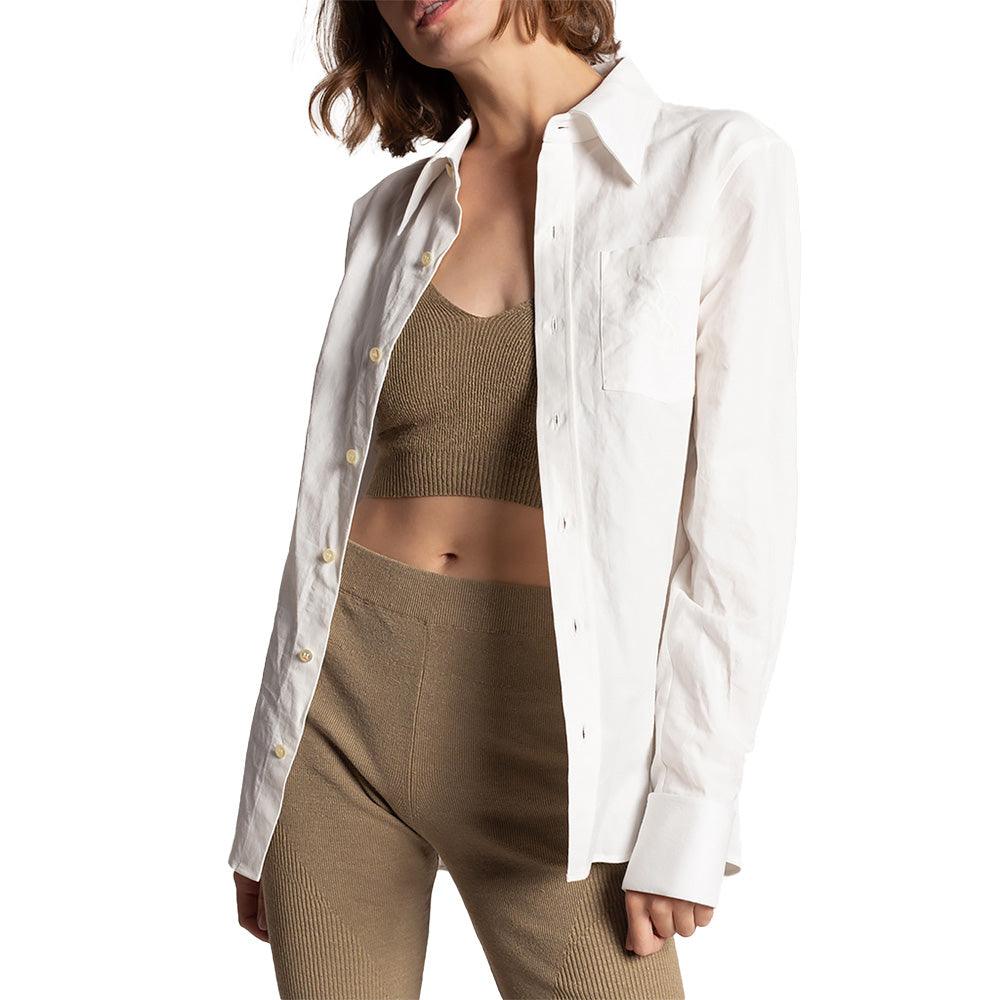 Saint Laurent Women's Cotton Linen Blend Boyfriend Dress Shirt in Cream
