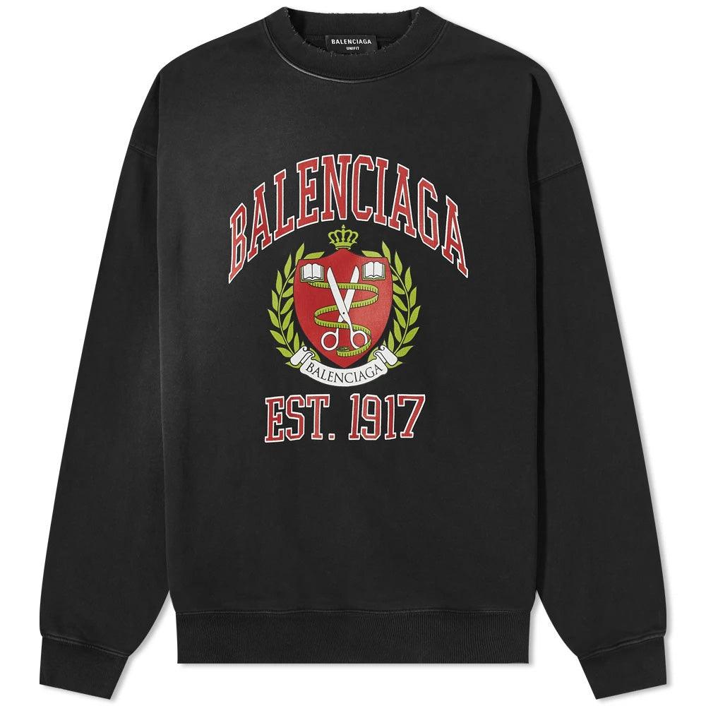 Balenciaga Men's College Logo Cotton Crewneck Sweatshirt Black