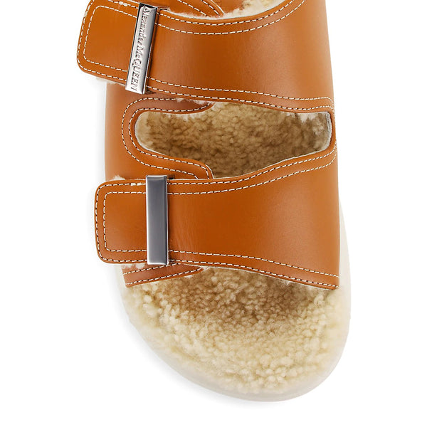 Alexander McQueen Women's Hybrid Shearling Leather Slide Sandals in Brown