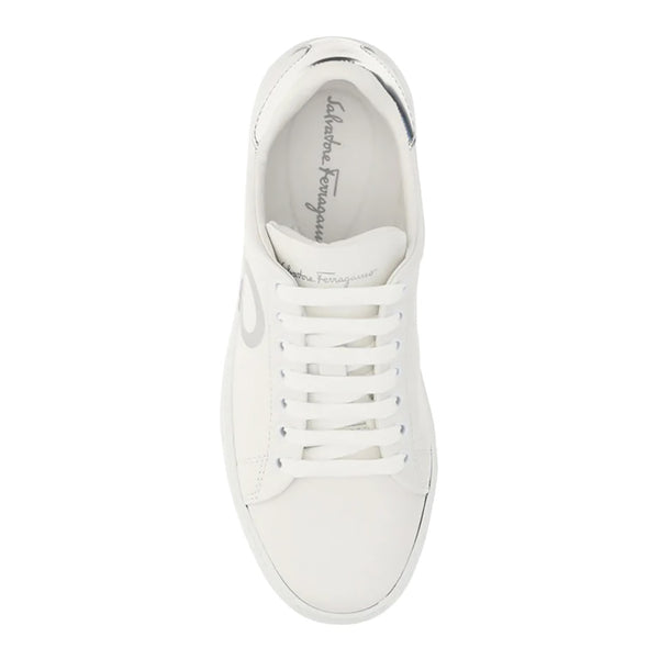 Salvatore Ferragamo Men's Gancini Logo Leather Lace-up Sneaker in White and Silver