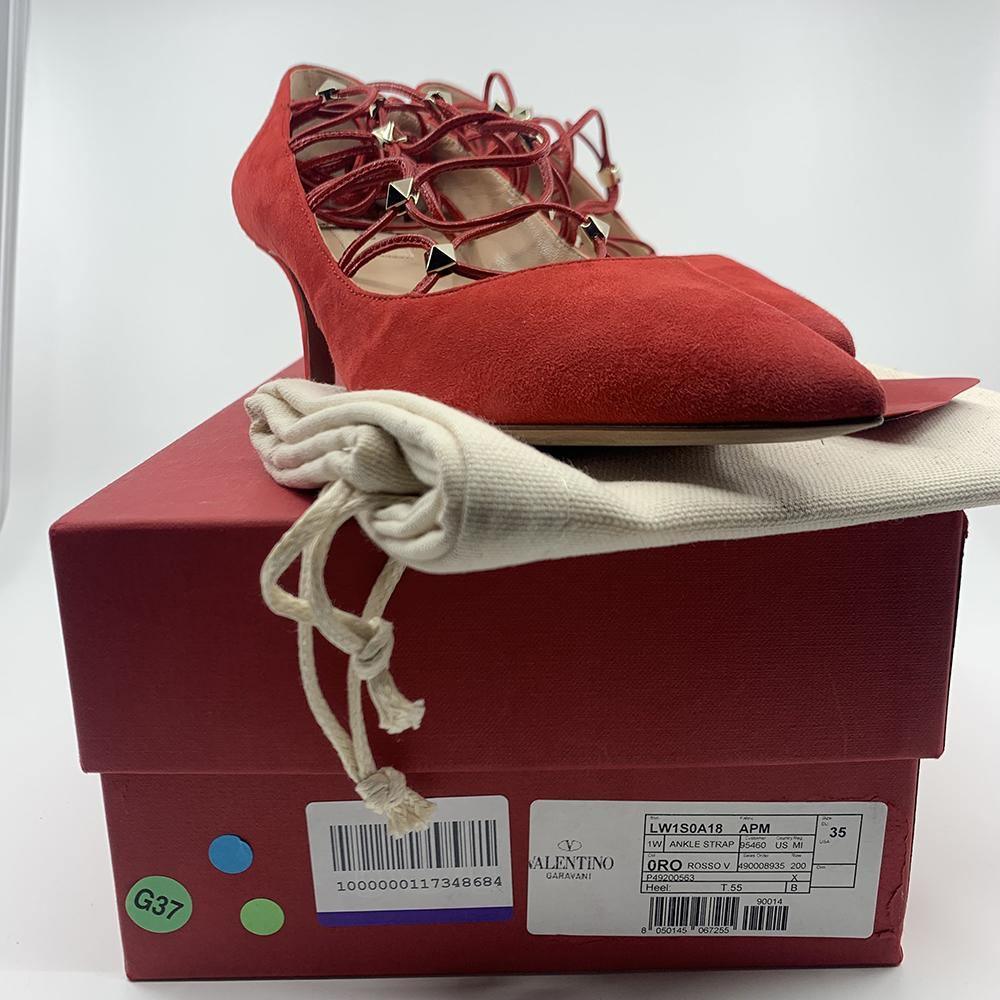 Valentino Women's Suede Rockstud Strappy Heels Red - Year Zero LA