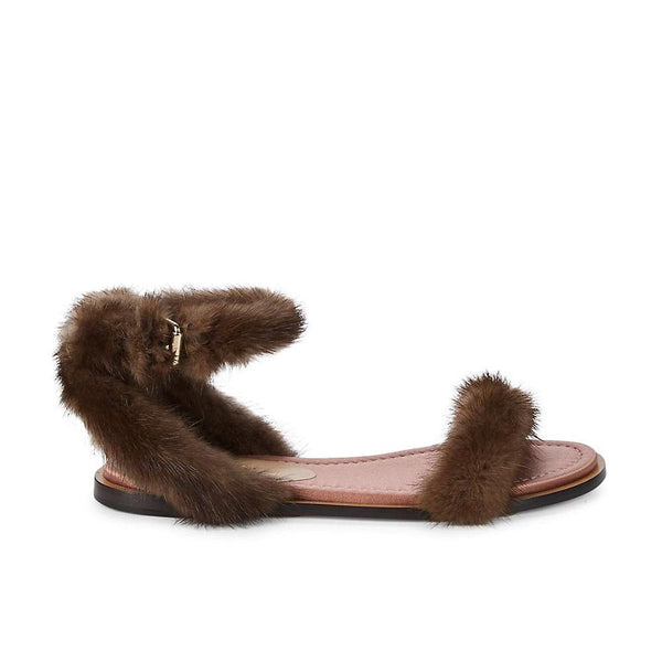 Valentino Women's Mink Fur Leather Ankle-Strap Flat Sandals Brown - Year Zero LA