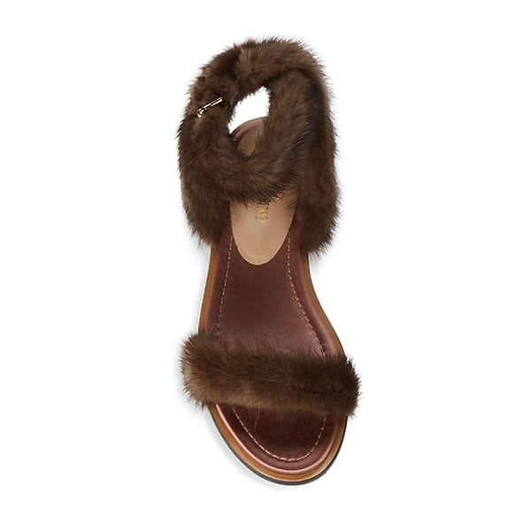 Valentino Women's Mink Fur Leather Ankle-Strap Flat Sandals Brown - Year Zero LA