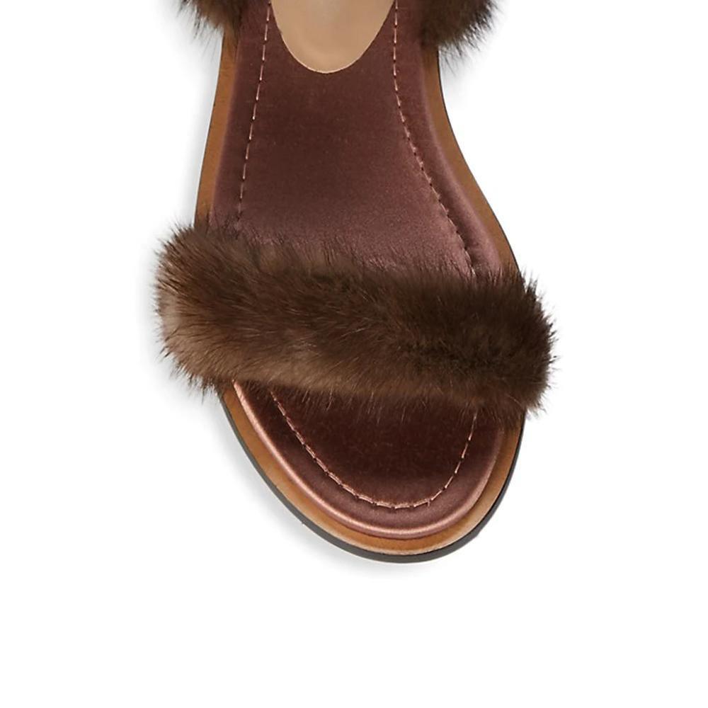 Valentino Women's Mink Fur Leather Ankle-Strap Flat Sandals Brown - Year Zero LA