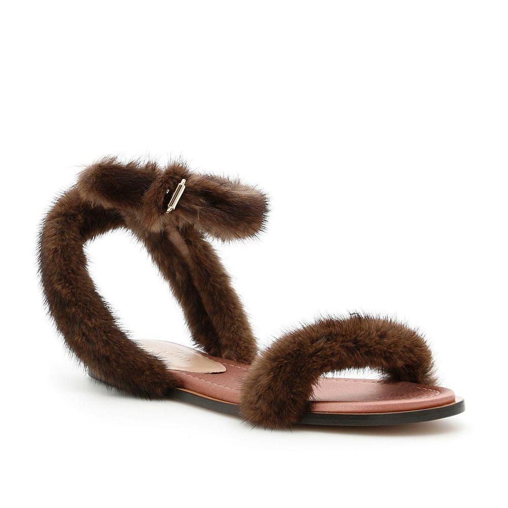 Valentino Women's Mink Fur Leather Ankle-Strap Flat Sandals Brown - Year Zero LA