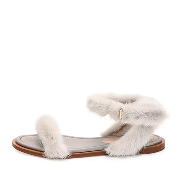 Valentino Women's Mink Fur Leather Ankle-Strap Flat Sandals Grey - Year Zero LA