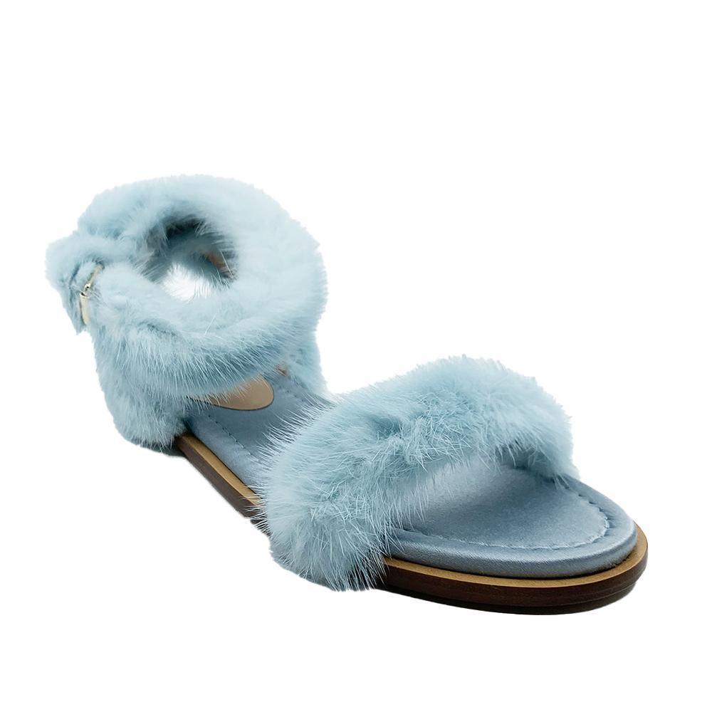 Valentino Women's Mink Fur Leather Ankle-Strap Flat Sandals Light Blue - Year Zero LA