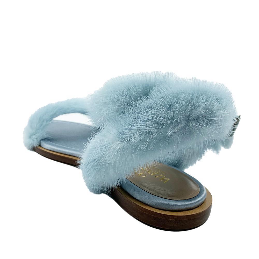 Valentino Women's Mink Fur Leather Ankle-Strap Flat Sandals Light Blue - Year Zero LA