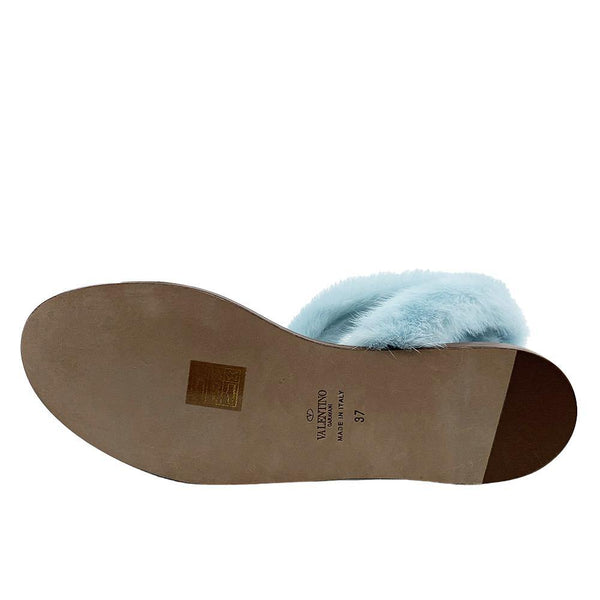 Valentino Women's Mink Fur Leather Ankle-Strap Flat Sandals Light Blue - Year Zero LA