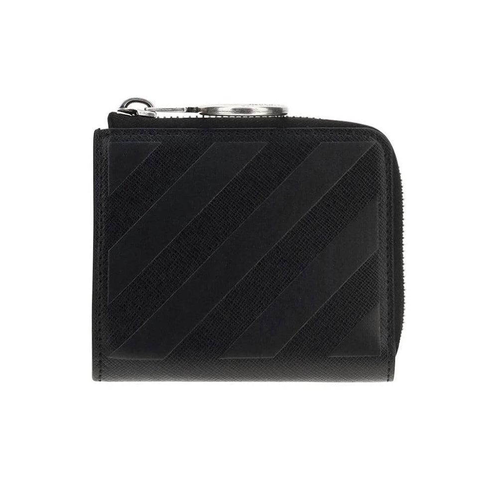 Off-White Unisex Striped Pattern Leather Zip Wallet in Black