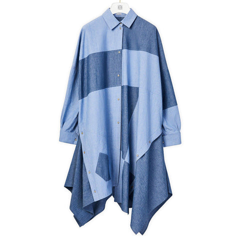 Loewe Women's Cotton Jean Patchwork Asymetric Oversize Shirt Dress Blue