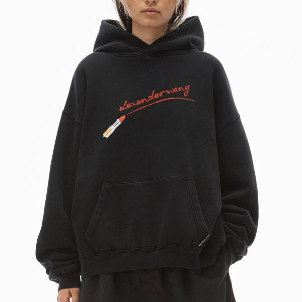 Alexander Wang Women's Classic Sweatshirt Hooodie with Lipstick Graphic in Black