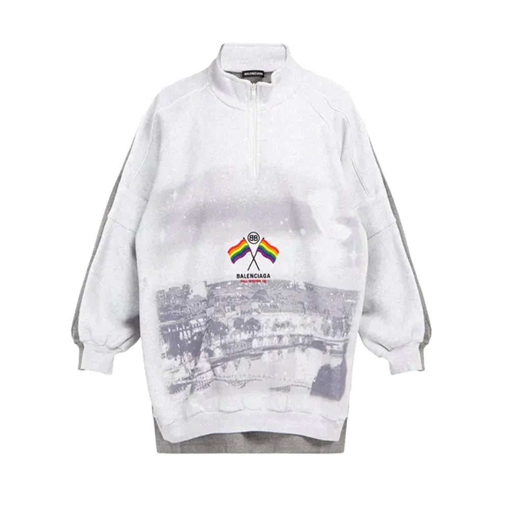Balenciaga Men's Rainbow Flag Half-Zip Hybrid Sweatshirt Grey
