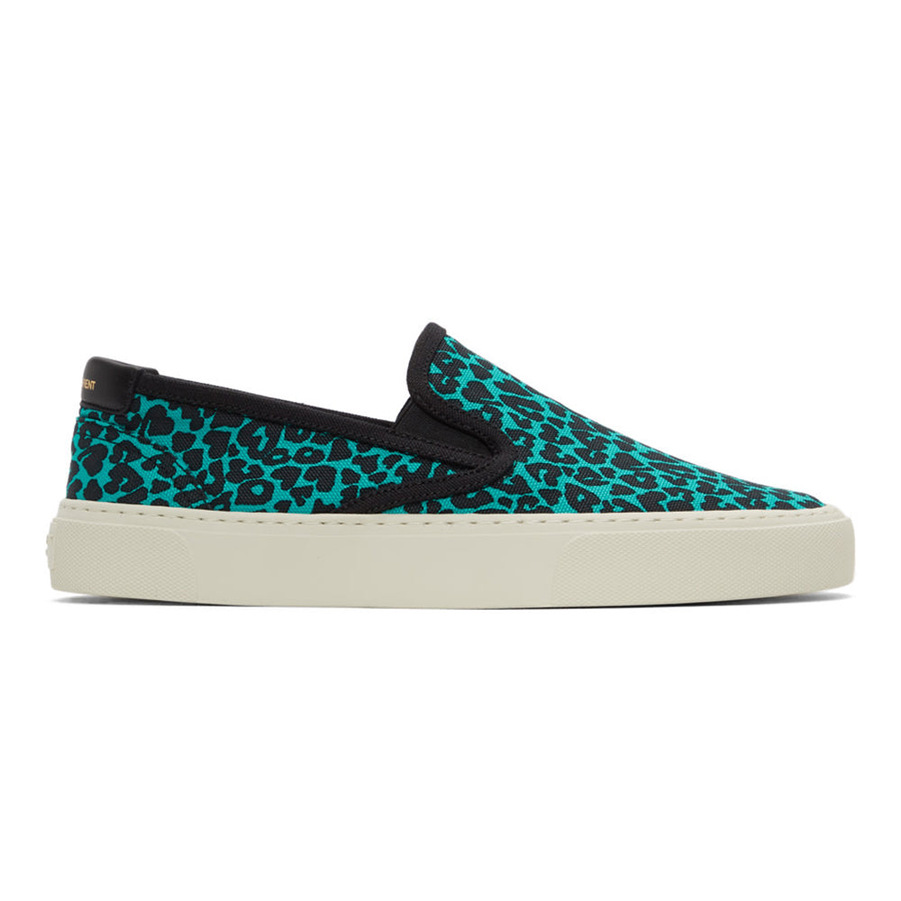 Saint Laurent Men's Cotton Leather Leopard Slip-on Sneakers Blue