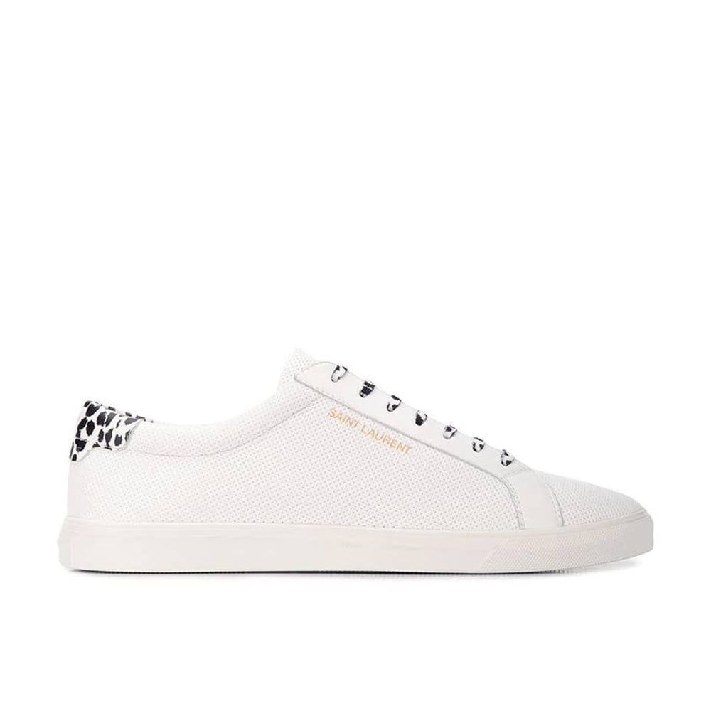 Saint Laurent Men's Leather Andy Perforated Leather Babycat Print Sneakers White