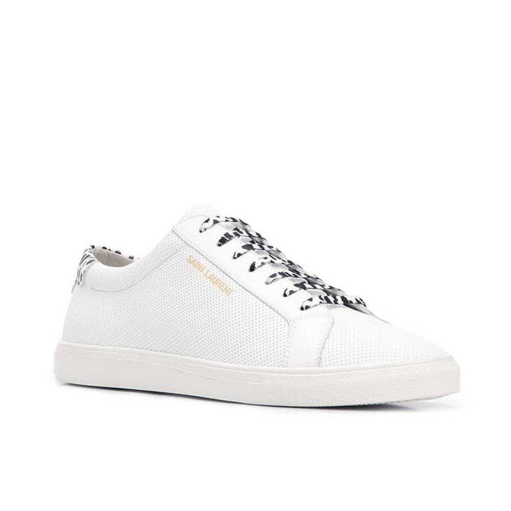 Saint Laurent Men's Leather Andy Perforated Leather Babycat Print Sneakers White