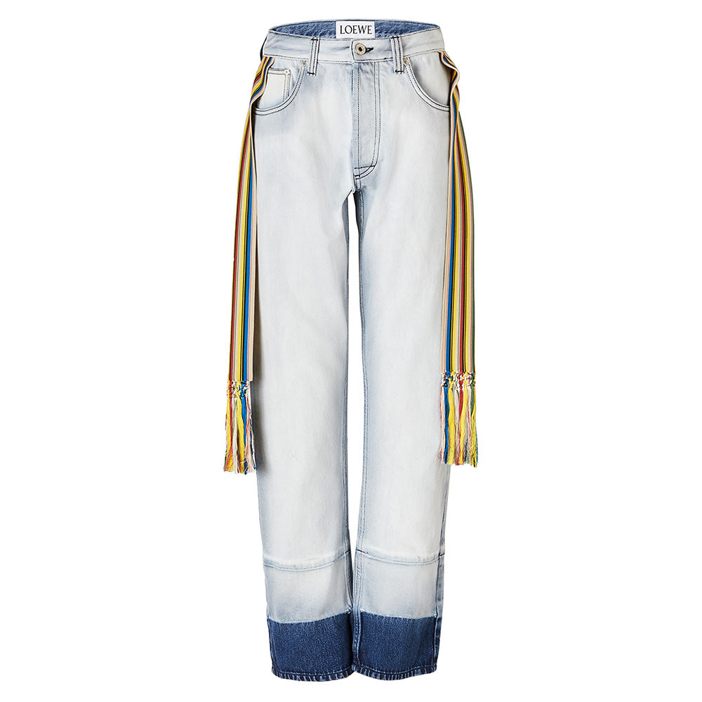 Loewe Women's Straight Leg Cotton Jeans in Light Blue with Rainbow accent