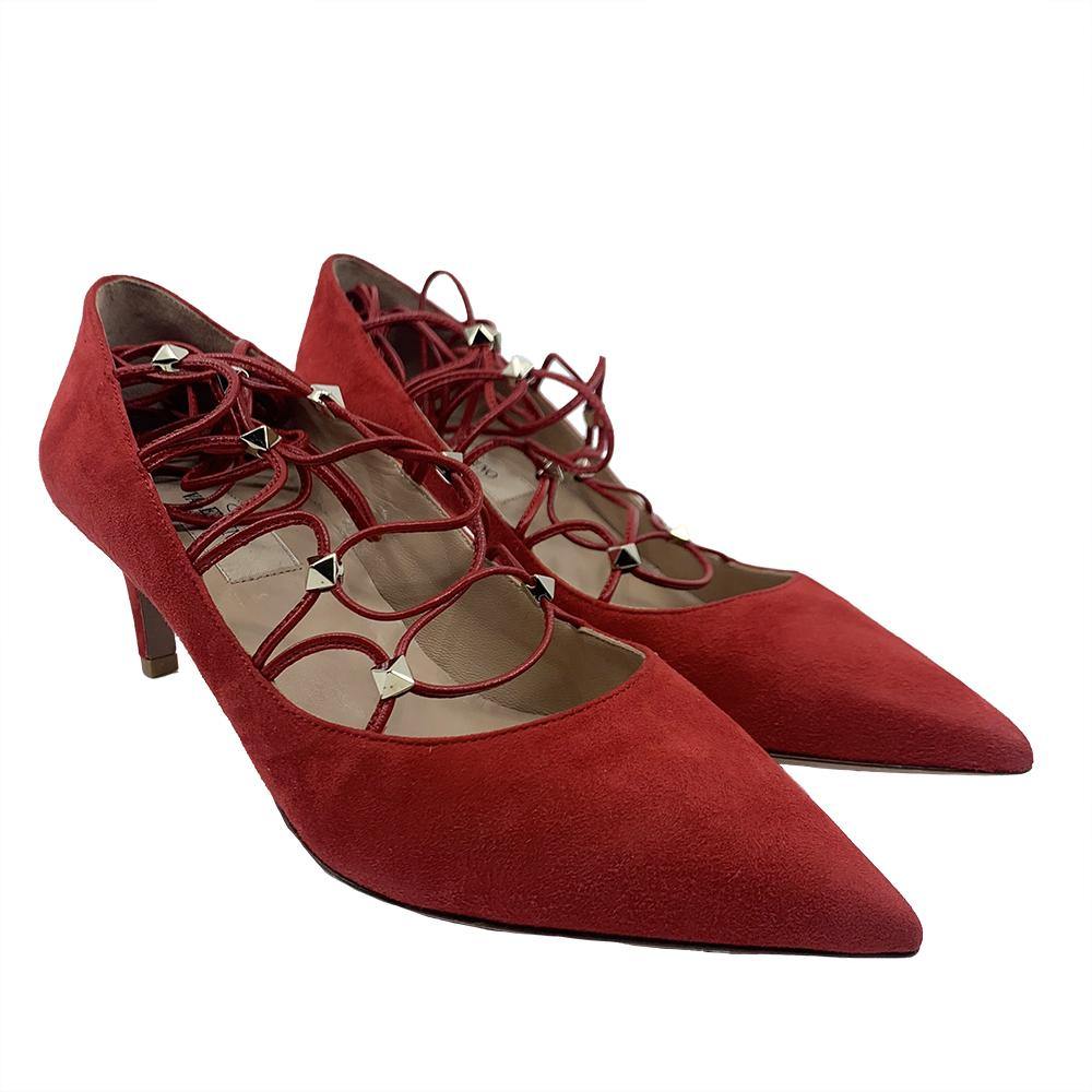 Valentino Women's Suede Rockstud Strappy Heels Red - Year Zero LA