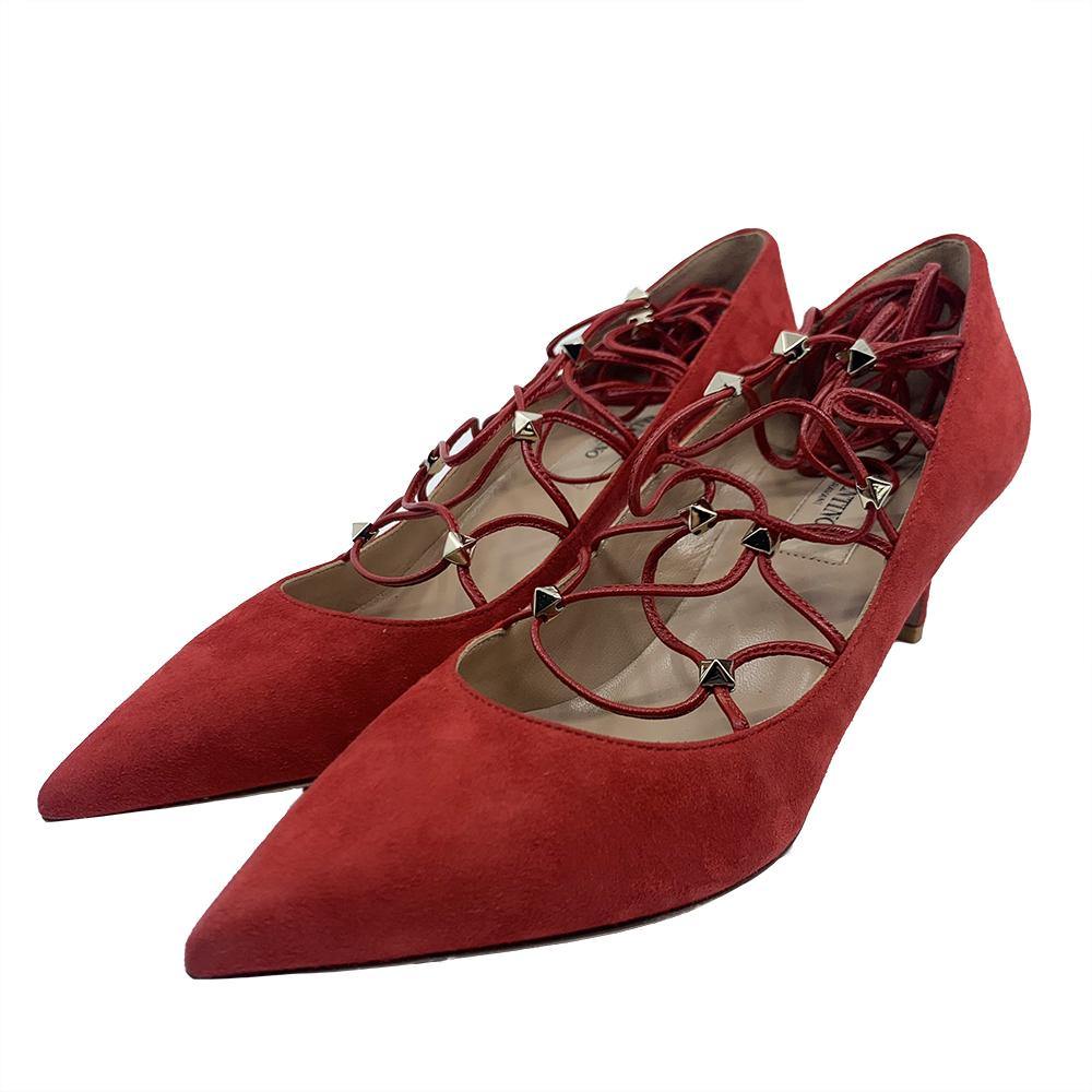 Valentino Women's Suede Rockstud Strappy Heels Red - Year Zero LA